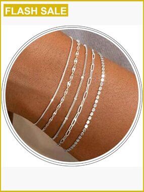 5pc Dainty Silver Bracelet Stack Set Adjustable 6.5" Minimalist Chain Bracelets